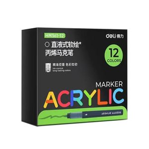 Deli 12-Color Acrylic Marker Pen Set Soft Brush Tip Paint Pens – Water-Based, Quick-Dry, Washable for Kids & Artists